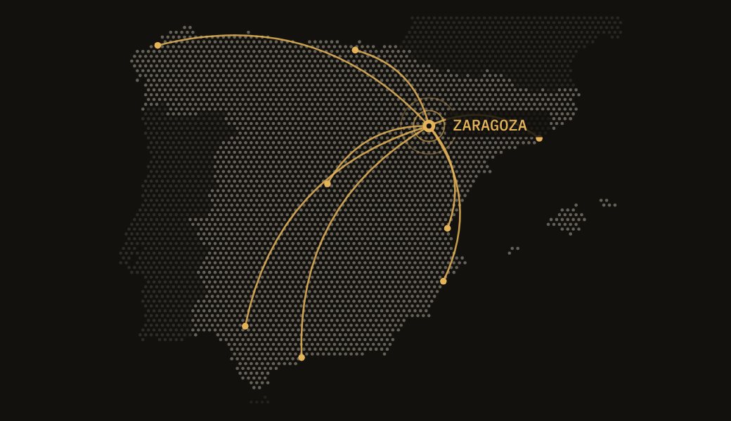 Mapa de España con rutas de mudanza que salen de Zaragoza