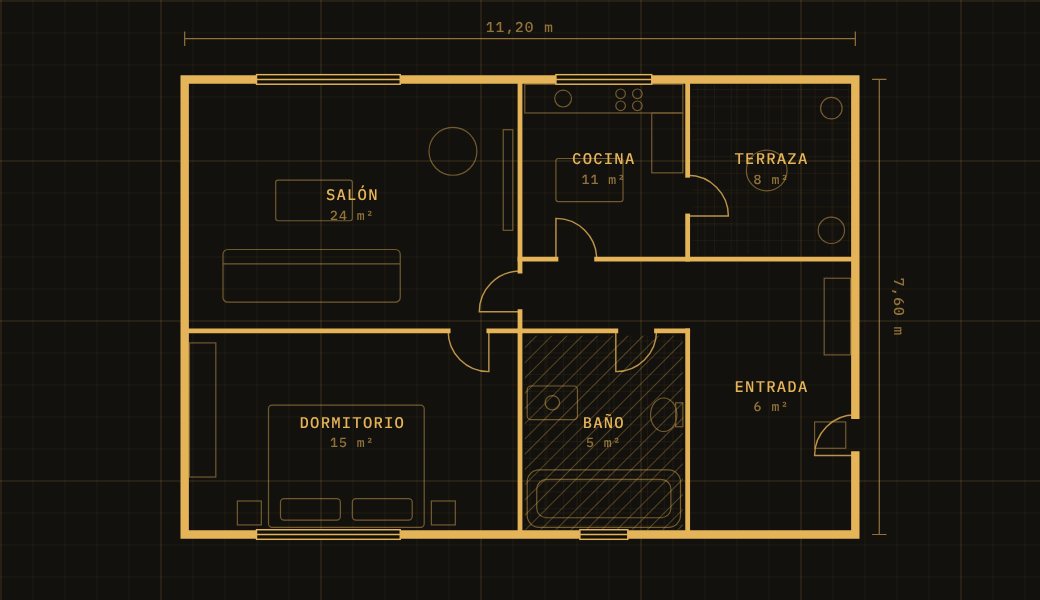Plano de una vivienda con salón, cocina, terraza, dormitorio, baño y entrada